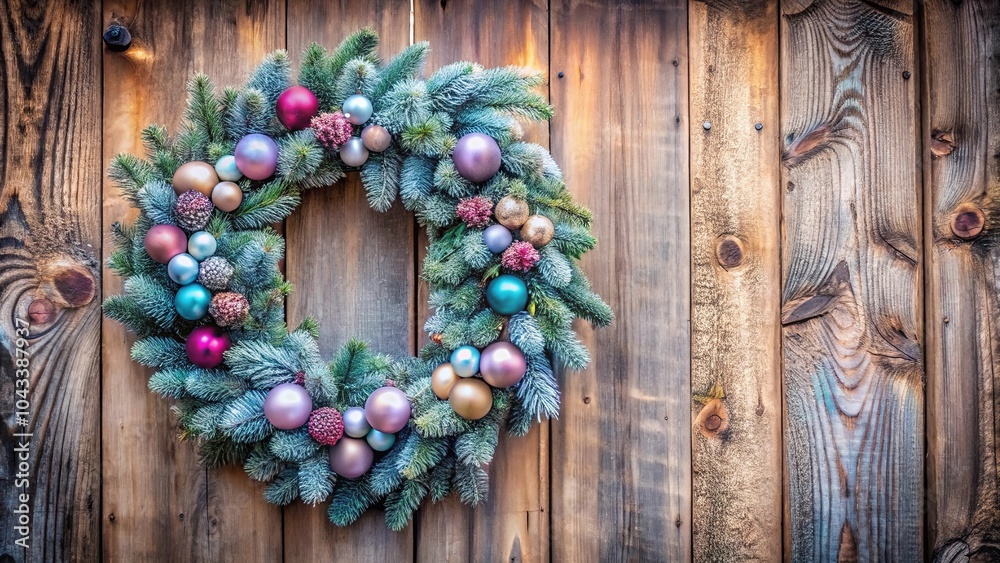 A festive evergreen wreath adorned with shimmering ornaments, hangs against a backdrop of weathered wood, creating a harmonious blend of natural beauty and holiday cheer. A festive evergreen wreath adorned with shimmering ornaments, hangs against a backdrop of weathered wood, creating a harmonious blend of natural beauty and holiday cheer.