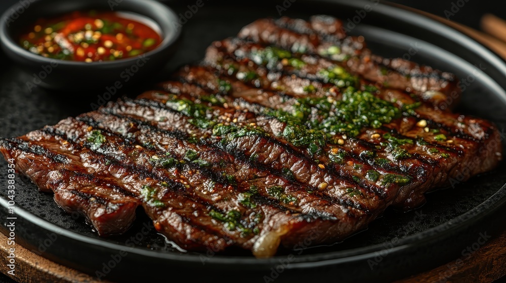 Sizzling grilled steak with garnish and spicy sauce on black plate Sizzling grilled steak with garnish and spicy sauce on black plate