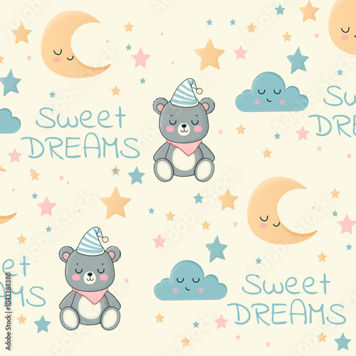 Pattern for bed linen, pillowcases, in a cute style with a teddy bear. 