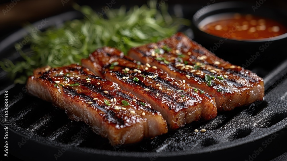 Sizzling grilled pork belly with fresh greens and spicy sauce Sizzling grilled pork belly with fresh greens and spicy sauce