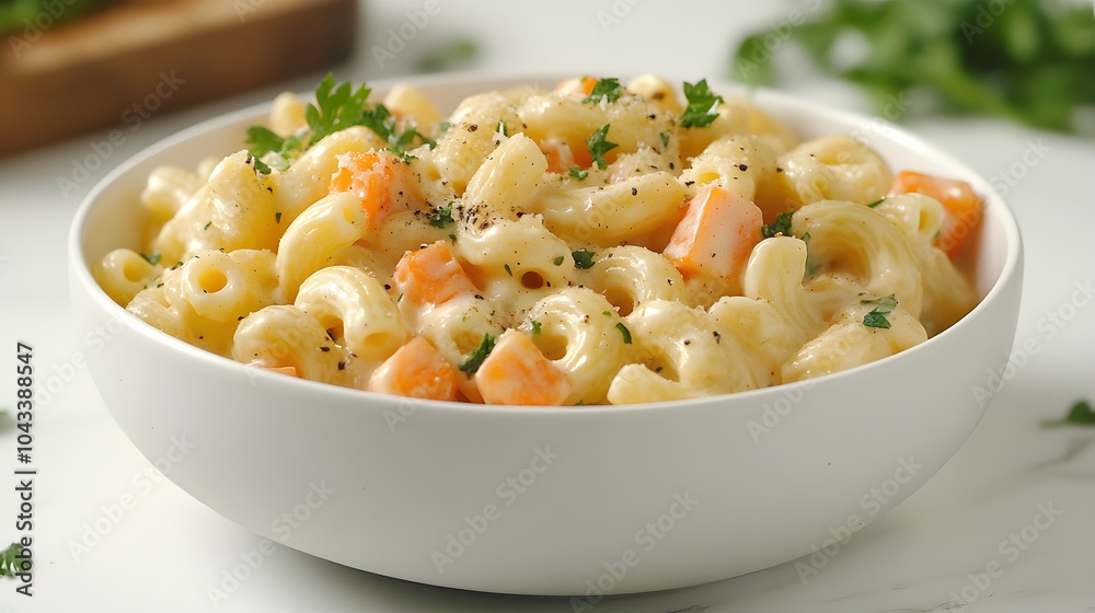 Creamy pasta salad in white ceramic bowl, elbow macaroni with diced carrots and herbs. Bright food photography with soft natural lighting and shallow depth of field. Creamy pasta salad in white ceramic bowl, elbow macaroni with diced carrots and herbs. Bright food photography with soft natural lighting and shallow depth of field.