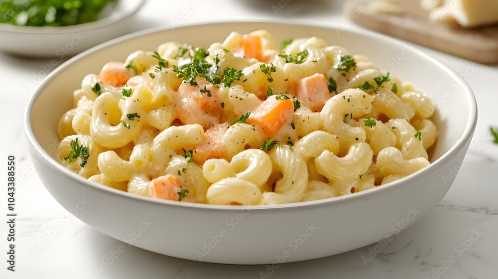 Creamy pasta salad in white ceramic bowl, elbow macaroni with diced carrots and herbs. Bright food photography with soft natural lighting and shallow depth of field. Creamy pasta salad in white ceramic bowl, elbow macaroni with diced carrots and herbs. Bright food photography with soft natural lighting and shallow depth of field.