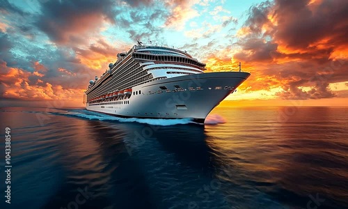 A cruise ship sailing through calm waters at sunset.