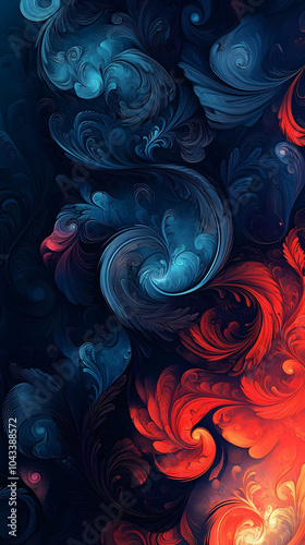 Abstract floral swirl pattern in red and purple with seamless texture and decorative elements