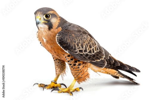 A bird of prey perched on a white surface, ready for flight photo