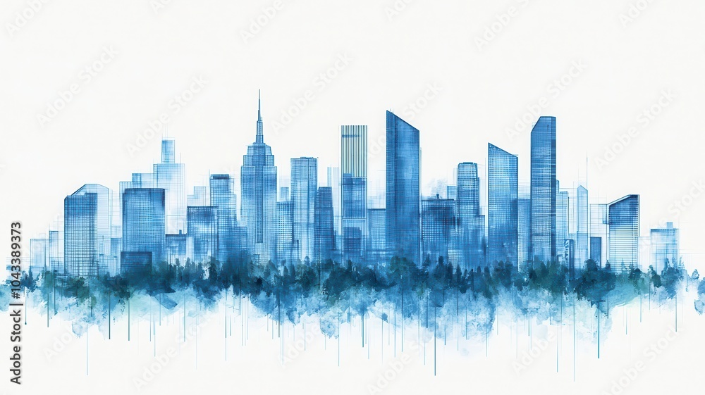Obraz premium A serene cityscape captivating watercolor skyline artwork blending urban elegance with nature's calm in stunning blue hues