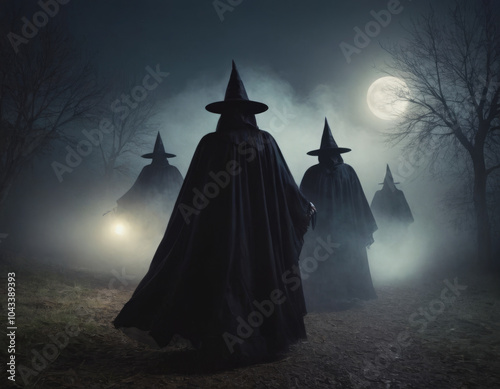 Un gruppo di streghe incappucciate danza intorno a un fuoco, sotto un cielo notturno illuminato dalla luna.