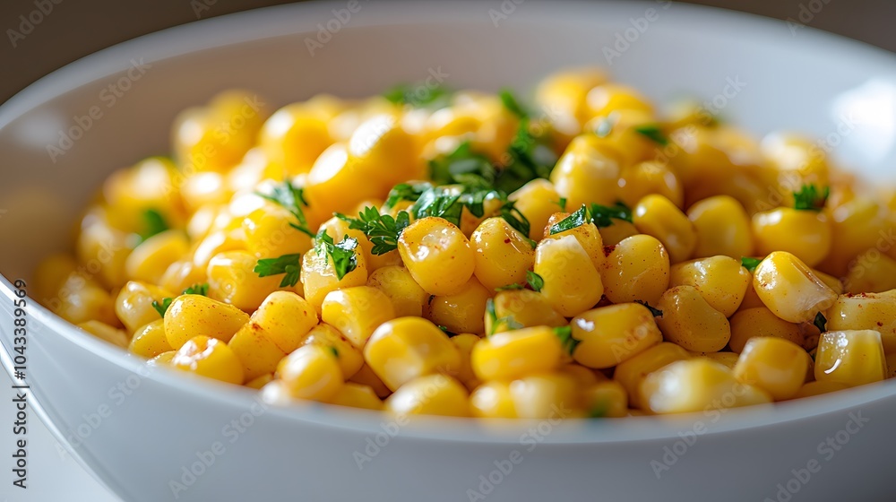 Fresh corn kernels in white ceramic bowl, showcasing vibrant yellow color and texture. Soft lighting highlights individual kernels, garnished with green herbs. Fresh corn kernels in white ceramic bowl, showcasing vibrant yellow color and texture. Soft lighting highlights individual kernels, garnished with green herbs.