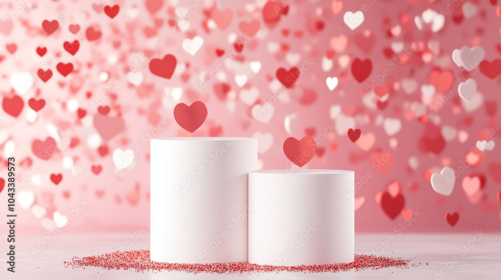 A simple, elegant backdrop for Valentine's Day. Two white cylinder podiums sit against a pastel red and pink heart background. Perfect for showcasing your products. A simple, elegant backdrop for Valentine's Day. Two white cylinder podiums sit against a pastel red and pink heart background. Perfect for showcasing your products.