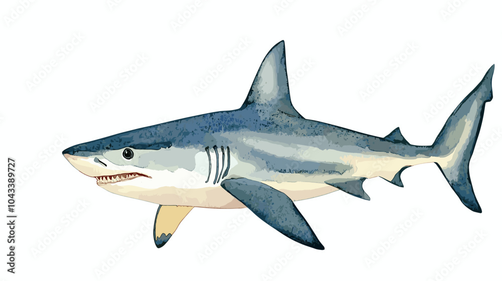 Fototapeta premium Watercolor shark on a white background. Scary jaws and angry sharks swimming in the ocean. Inhabitant in the waters of the oceans. Vector illustration