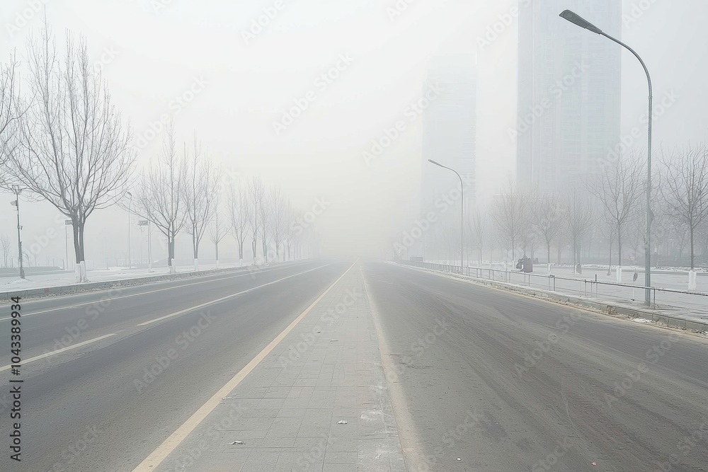 Fototapeta premium A busy city covered in smog, skyscrapers barely visible, depicting the urgent need for air pollution control