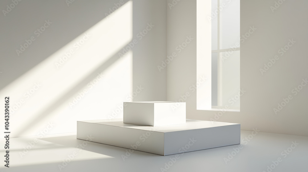A simple, white 3D room with a platform for showcasing products. It has a cube-shaped stand and a window that casts light. This design is perfect for displaying products in a minimalist way. A simple, white 3D room with a platform for showcasing products. It has a cube-shaped stand and a window that casts light. This design is perfect for displaying products in a minimalist way.