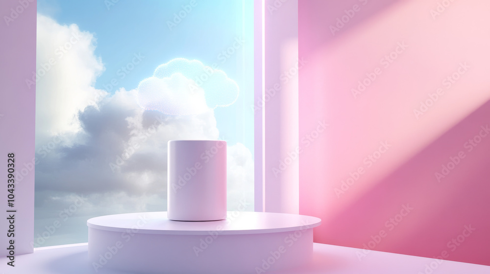 A simple, 3D room with a white cylinder stand for displaying products. The room has a window with a cloud-shaped hologram and a geometric platform. It's perfect for presenting and showcasing items. A simple, 3D room with a white cylinder stand for displaying products. The room has a window with a cloud-shaped hologram and a geometric platform. It's perfect for presenting and showcasing items.