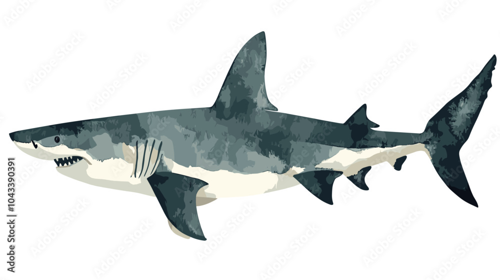 Fototapeta premium Watercolor shark on a white background. Scary jaws and angry sharks swimming in the ocean. Inhabitant in the waters of the oceans. Vector illustration