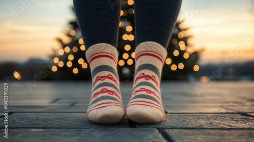 Cozy festive socks against a blurred background of holiday lights, perfect for winter season and comfort. photo