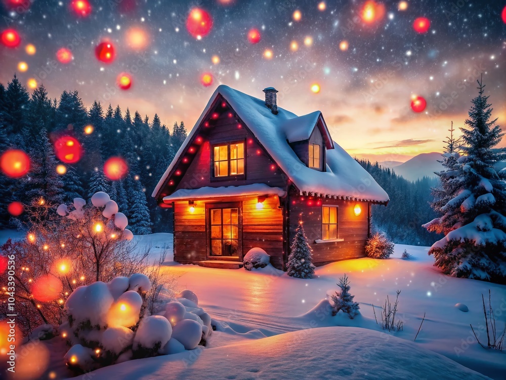Enchanting Double Exposure of House Adorned with Red Christmas Lights at Night Enchanting Double Exposure of House Adorned with Red Christmas Lights at Night