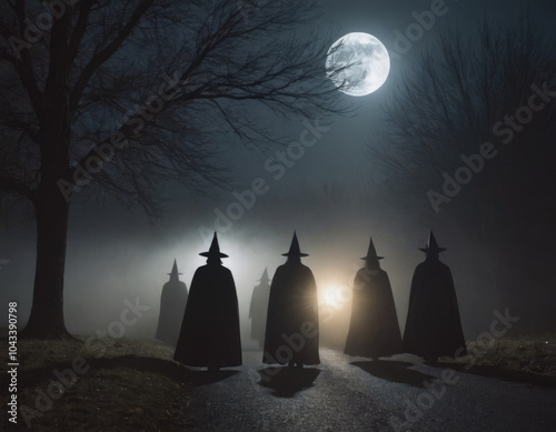 Un gruppo di figure spettrali si raduna in un cimitero abbandonato, con la luna piena che getta una luce spettrale sulle tombe e sulle croci. photo