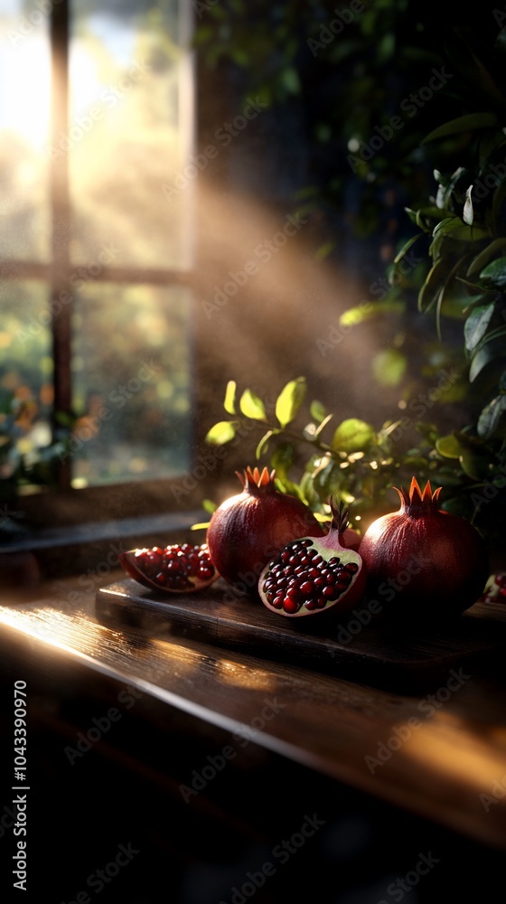 Sunbeams illuminate pomegranates on a rustic table. Sunbeams illuminate pomegranates on a rustic table.