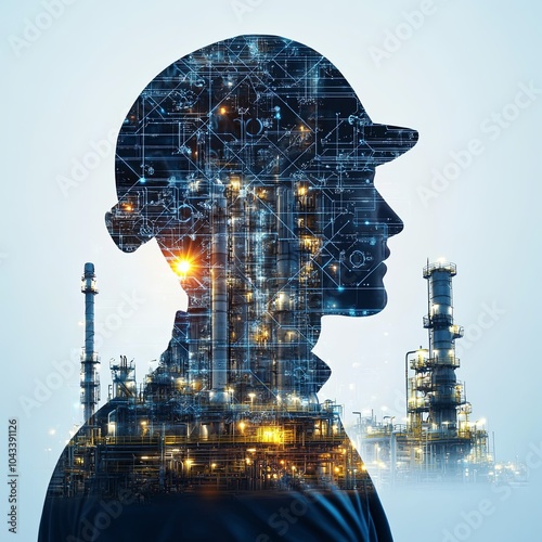 Double exposure of Engineer with oil refinery industry plant background, industrial instruments in the factory and physical system icons concept