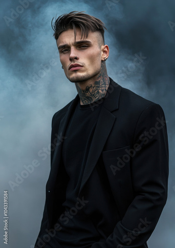 Short-haired male model covered in tattoos in black t-shirt and blazer standing in smoky fog with a tough stance