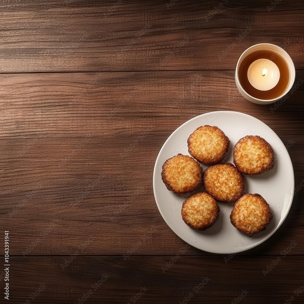 Delicious muffins served on a plate with a candle, set on a rustic wooden table. Delicious muffins served on a plate with a candle, set on a rustic wooden table.