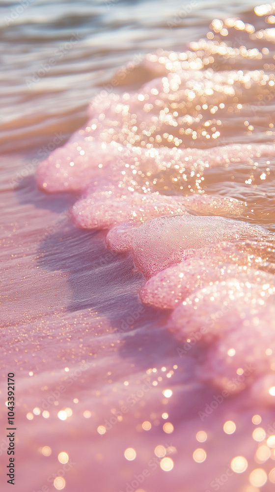 Fototapeta premium Crystal-clear, pink water, with pink-gold glitter floating on the surface of sparkling waves. Sparkling, golden light reflections, light tones, and crystal clarity, captured through macro photography