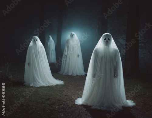 Una serie di figure spettrali danzano sotto gli alberi spogli, avvolti in mantelli bianchi e misteriosi, illuminati solo dalla luce lunare. photo