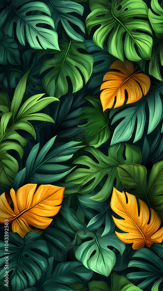 Tropical Leaf Seamless Pattern. Line Art Style. with green background Tropical Leaf Seamless Pattern. Line Art Style. with green background