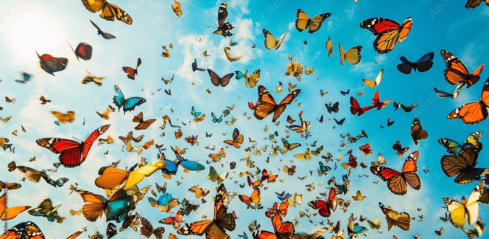 A vibrant swarm of butterflies fills the sky above a lush landscape during midday, showcasing nature's beauty at its finest A vibrant swarm of butterflies fills the sky above a lush landscape during midday, showcasing nature's beauty at its finest