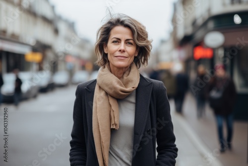 Portrait of a beautiful middle-aged woman in a coat and scarf on the street