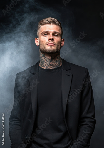 Short-haired male model covered in tattoos wearing a black t-shirt and blazer standing in dark mist with a confident stance