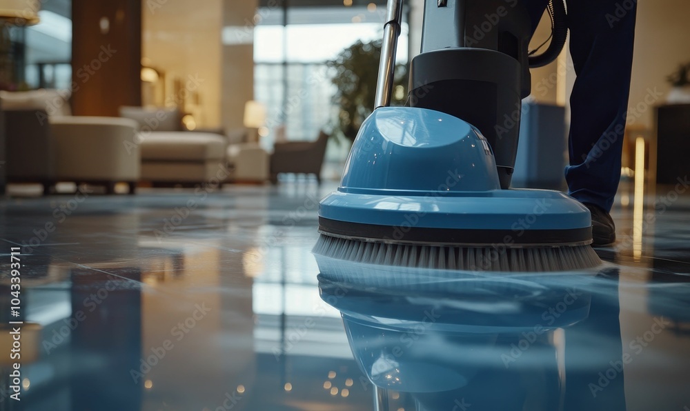 Fototapeta premium Floor scrubber cleaning a shiny floor.