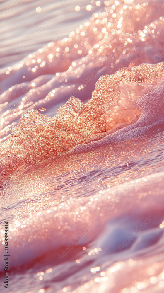 Fototapeta premium Crystal-clear, pink water, with pink-gold glitter floating on the surface of sparkling waves. Sparkling, golden light reflections, light tones, and crystal clarity, captured through macro photography