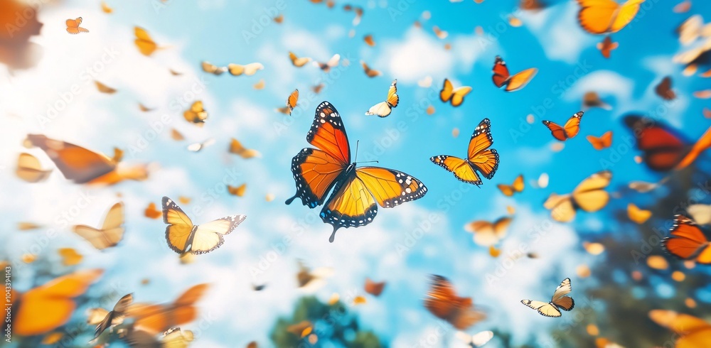 A vibrant swarm of butterflies fills the sky above a lush landscape during midday, showcasing nature's beauty at its finest A vibrant swarm of butterflies fills the sky above a lush landscape during midday, showcasing nature's beauty at its finest
