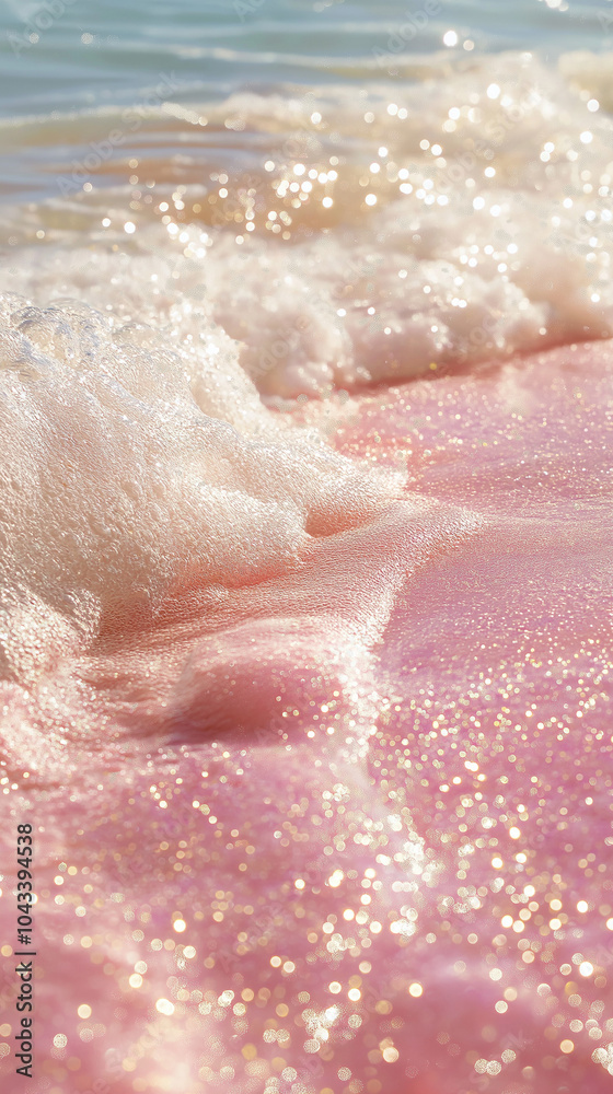 Fototapeta premium Crystal-clear, pink water, with pink-gold glitter floating on the surface of sparkling waves. Sparkling, golden light reflections, light tones, and crystal clarity, captured through macro photography