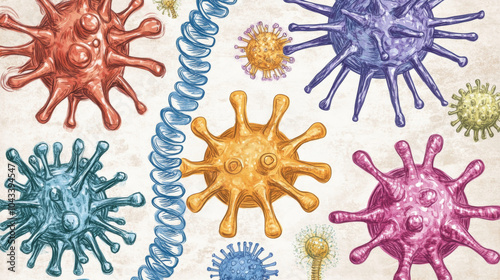 This illustration shows different types of viruses, like helical, spherical, and complex. It labels parts like the capsid and RNA. The drawing helps explain viruses for medical students. photo