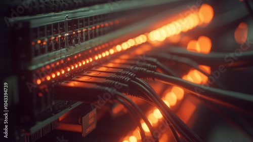 Close-Up of Network Cables and Devices in IT Center with Orange and Blue Lighting