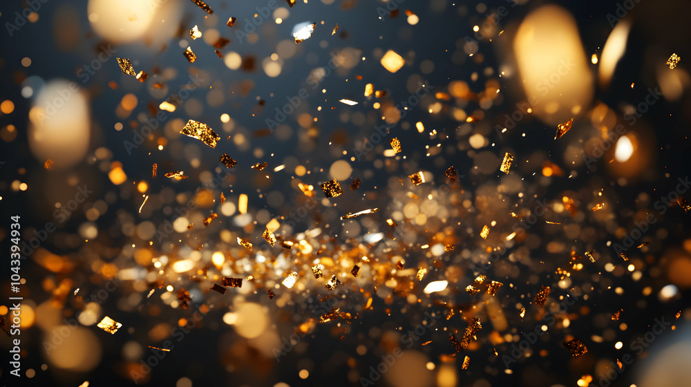 Obraz premium Luxurious Gold Confetti Falling Gracefully on a Matte Black Backdrop for Celebrations and Events