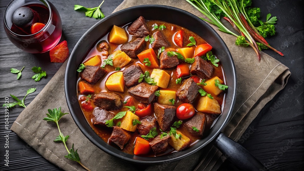 A savory stew with rich, tender meat and vegetables, simmered in a flavorful broth and topped with fresh parsley. A savory stew with rich, tender meat and vegetables, simmered in a flavorful broth and topped with fresh parsley.