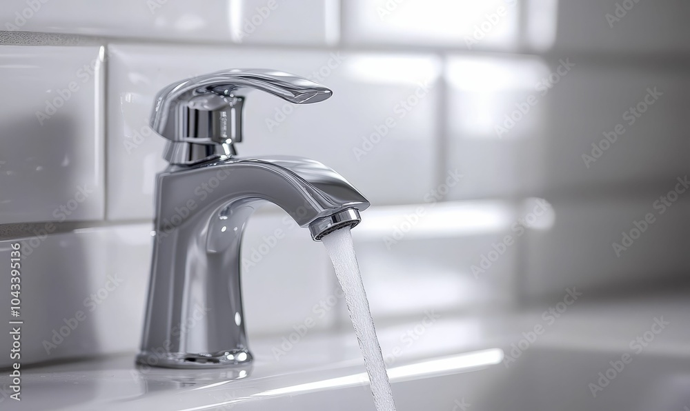 Chrome faucet running water sink basin. Chrome faucet running water sink basin.