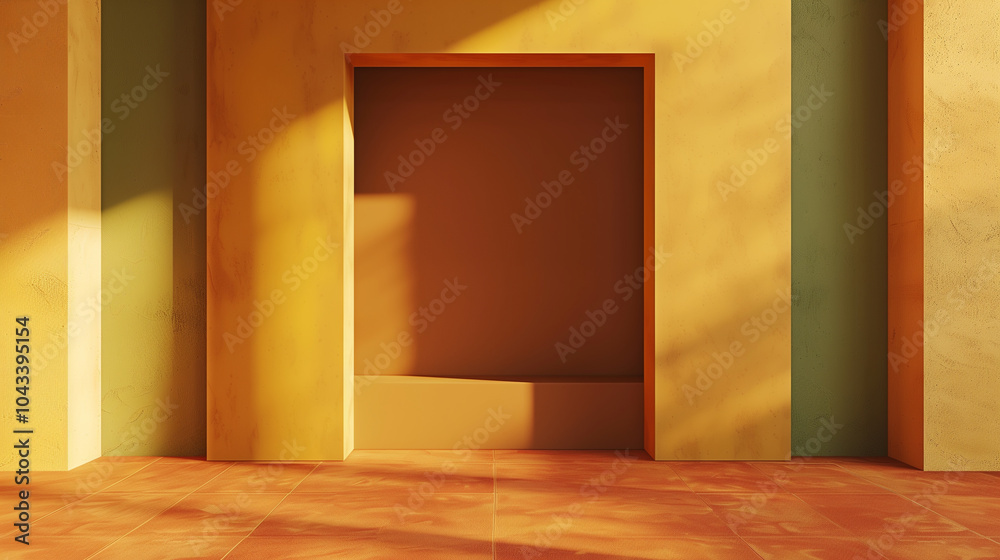 Fototapeta premium Modern terracotta, mustard yellow and olive green minimalistic interior background wall mockup 3d render