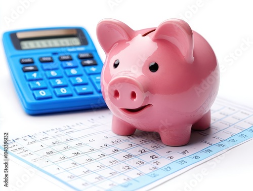 piggy bank alongside a blue calculator and calendar on a clean white background, symbolizing financial goals and money-saving concepts, designed to inspire responsibility and planning