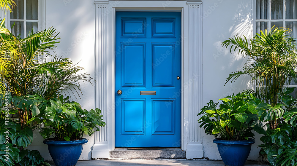 Fototapeta premium Bold Blue Front Door Framed by Lush Potted Plants in a Charming Outdoor Setting