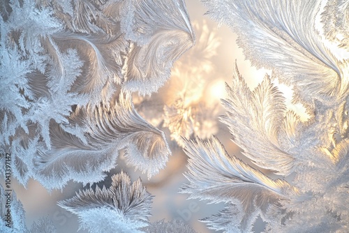 Abstract frost formations on a glass pane, the intricate patterns of ice crystals beautifully reflecting the cold winter light from a chilly background.