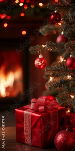 A red box with a red ribbon sits next to a Christmas tree. The tree is lit up with lights and has red ornaments on it. The scene conveys a warm and festive atmosphere, perfect for the holiday season