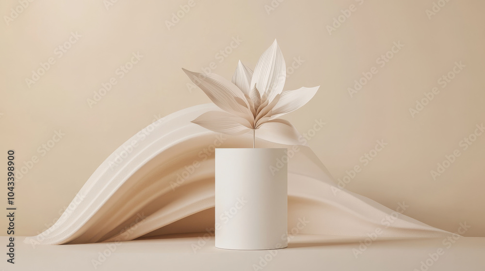 A simple, beige background with a white cylinder stand. A curved paper decoration adds a touch of elegance. This minimal setup is perfect for showcasing products. A simple, beige background with a white cylinder stand. A curved paper decoration adds a touch of elegance. This minimal setup is perfect for showcasing products.
