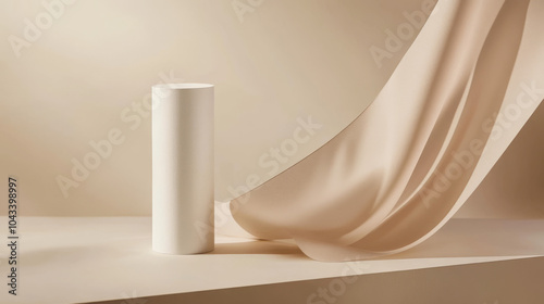 A simple, beige background with a white cylinder stand. A curved paper decoration adds a touch of elegance. This minimal setup is perfect for showcasing products.