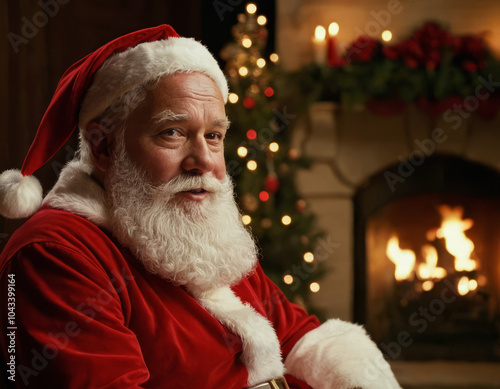 Babbo Natale osserva con attenzione, circondato dalle luci natalizie scintillanti. photo