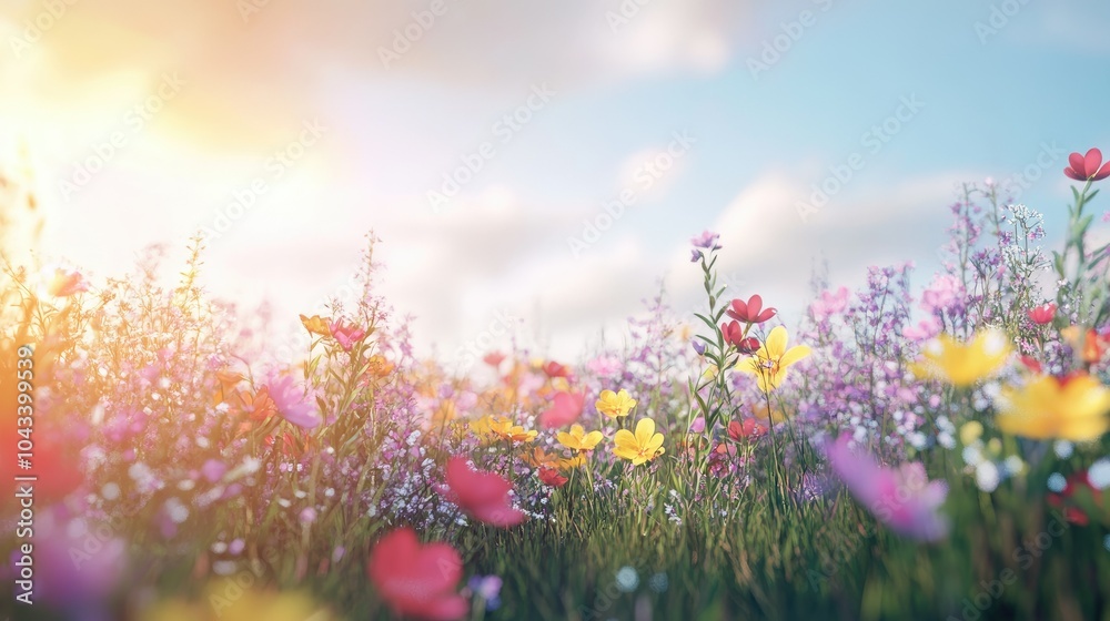 A close-up view of colorful spring wildflowers under a bright sky, with soft-focus creating a gentle, peaceful mood in a picturesque, vibrant meadow. A close-up view of colorful spring wildflowers under a bright sky, with soft-focus creating a gentle, peaceful mood in a picturesque, vibrant meadow.