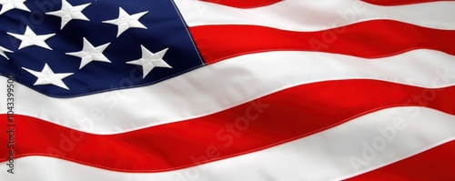 Dynamic view of the United States flag with visible fabric details and flowing movement, representing strength, freedom, and heritage